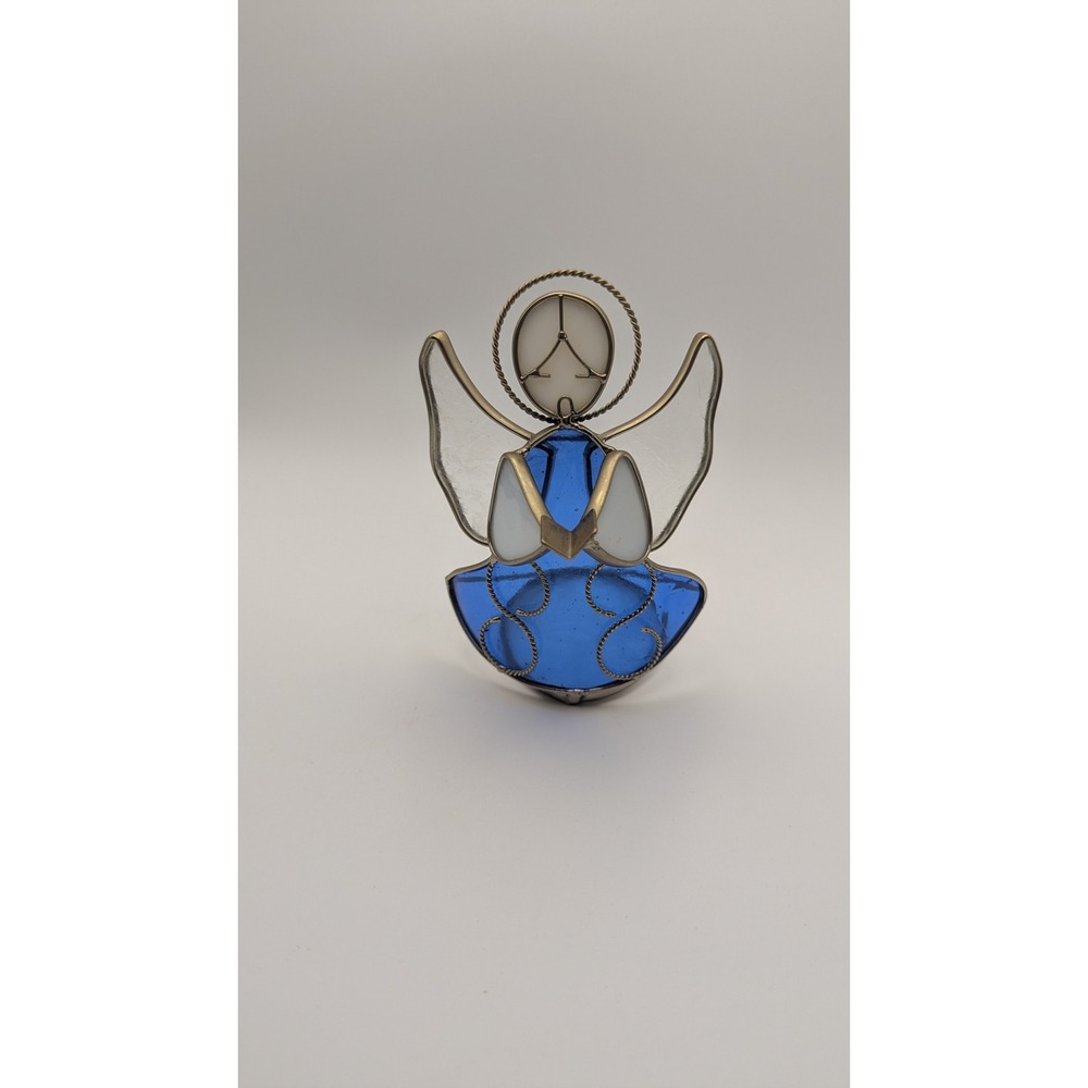 Stained Glass Angel Tea Light Candle Holder Cobalt Blue White Artisan Decor